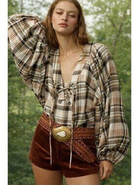 Plaid Lace-Up V-Neck Top Dolman Sleeves Lace Up Crop Anthropologie Size S NWT